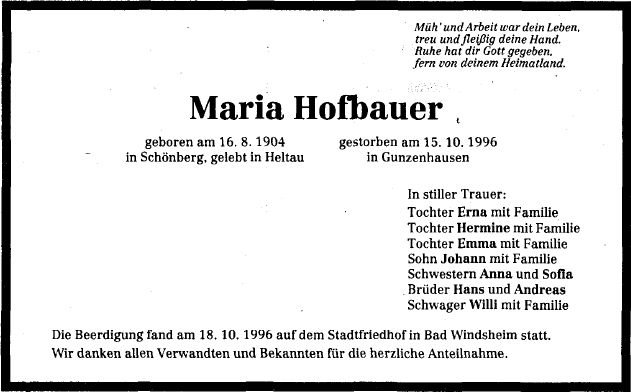 Hofbauer Maria 1905-1996 Todesanzeige
